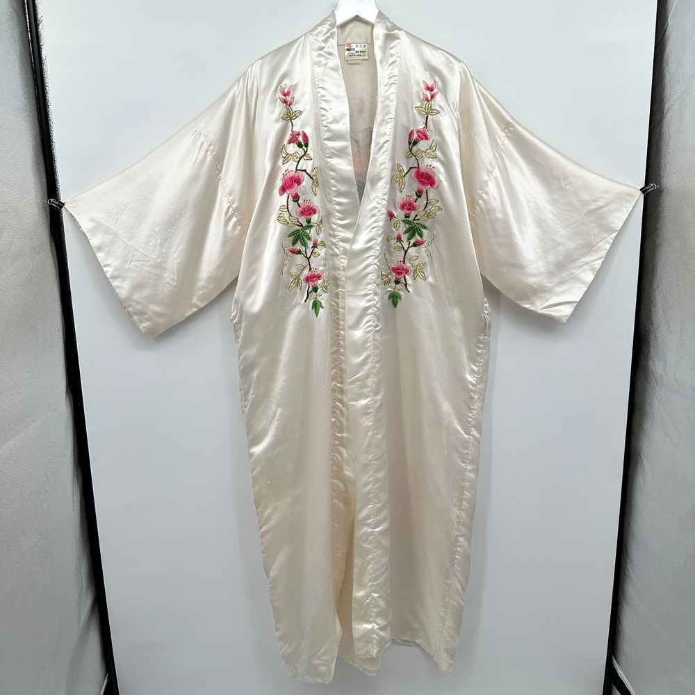 Vintage Lotus Kimono Robe Large 100% Pure Silk Embroidered Ornate Heirloom FLAW - Picture 2 of 16